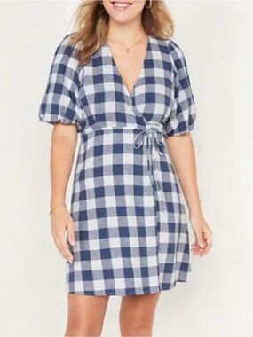 Old Navy Waist-Defined Puff-Sleeve Gingham Mini Wrap Dress Linen Blend XL Blue